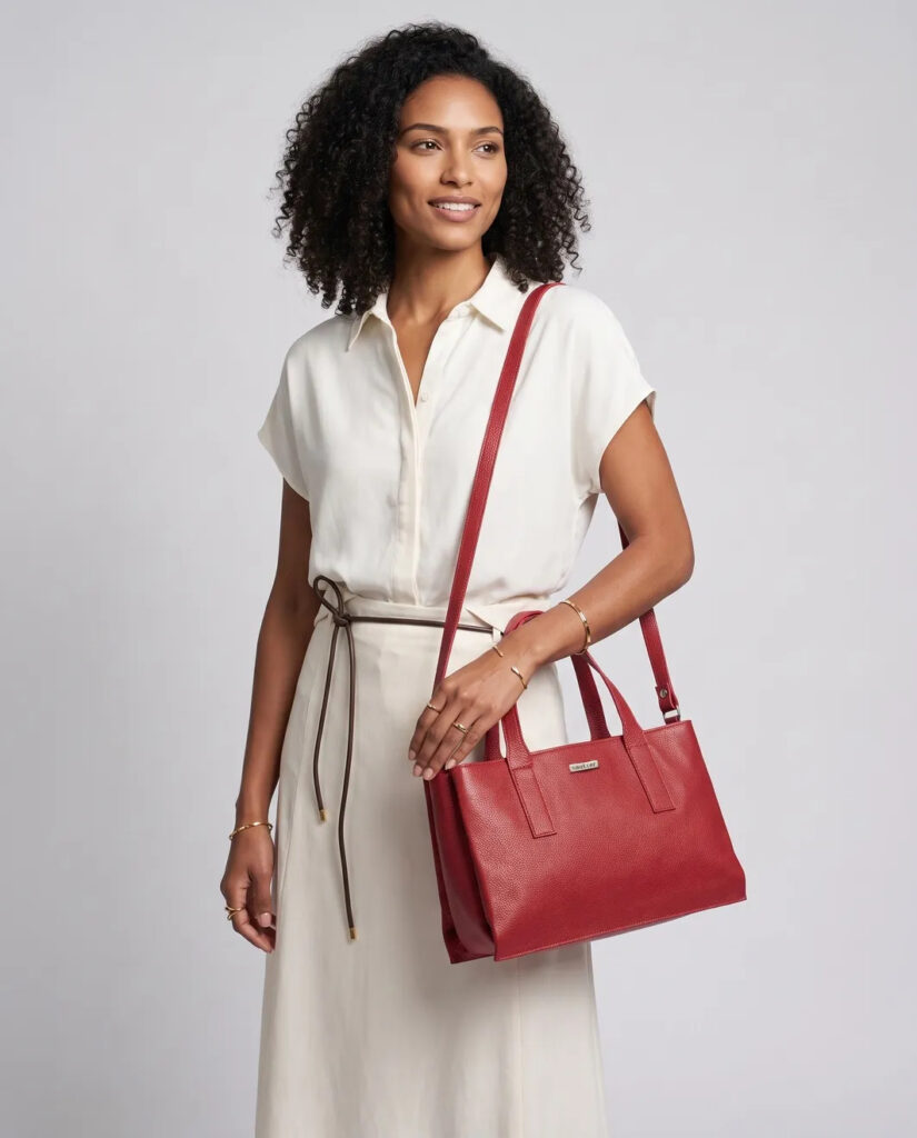 modelo posa com bolsa feminina para viagem